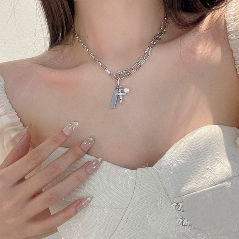 Cross Pearls Rhinestones Silver Chain Necklace